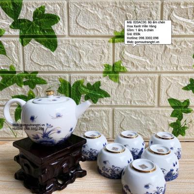 Bộ Ấm Chén Hoa Xanh Viền Vàng